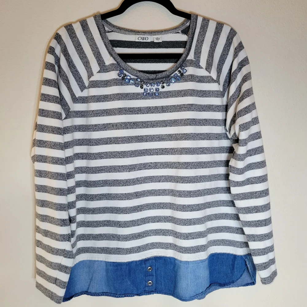 Cute Cato Jeweled Sweater with Jean Bottom Hem Design XL - Picture 2 of 10